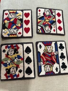 Vintage Card Suit Needlepoint Coasters Hearts Clubs Diamonds set of 4